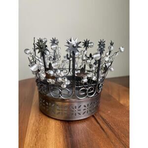 Ornate Vintage-Style Metal & Crystal Bead Crown Distressed Candle Holder